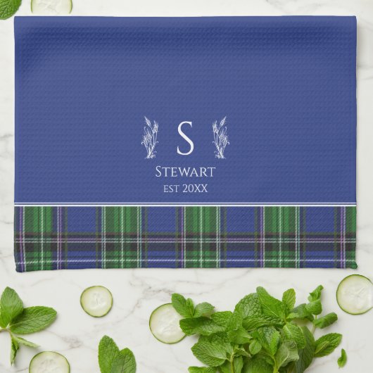 Blue Tartan Plaid Gepersonaliseerd naam Monogram Theedoek (Gevouwen)