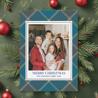 Blue Tartan Plaid with Christmas Family Photo Feestdagenkaart
