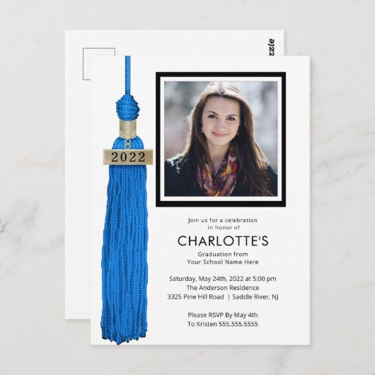 Blue Tassel Photo Afstuderen Invitation  Briefkaart (Voorkant / Achterkant)