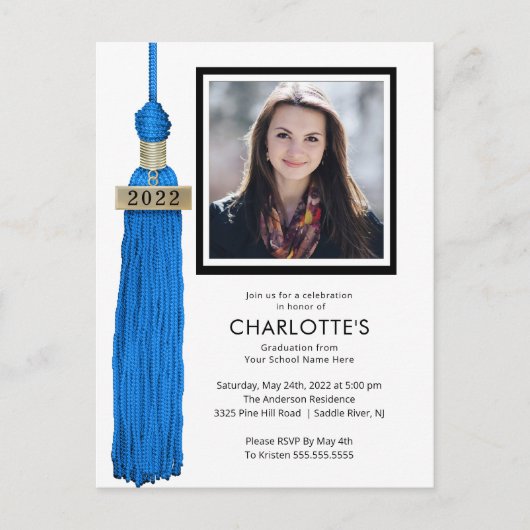Blue Tassel Photo Afstuderen Invitation Briefkaart (Voorkant)
