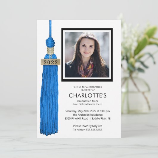 Blue Tassel Photo Afstuderen Invitation Kaart (Staand voorkant)