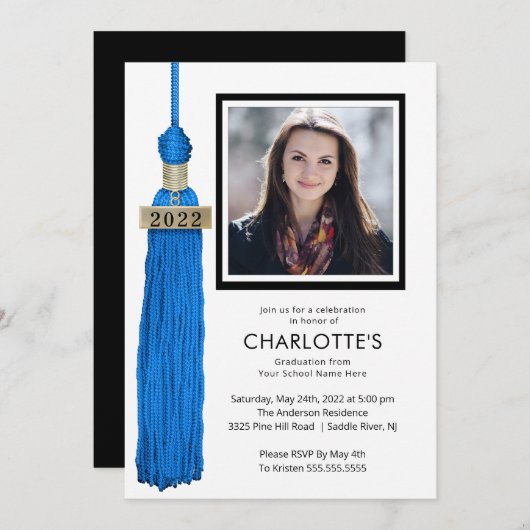 Blue Tassel Photo Afstuderen Invitation Kaart (Voorkant / Achterkant)