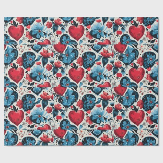 Blue Tattoo Hearts Digitaal thema Cadeaupapier (Vlak)