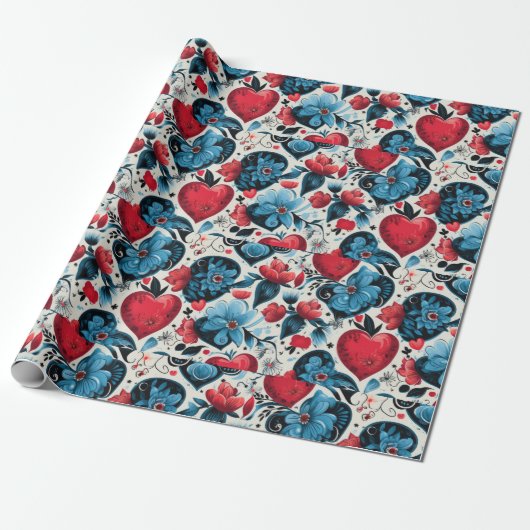 Blue Tattoo Hearts Digitaal thema Cadeaupapier (Uitgerold)