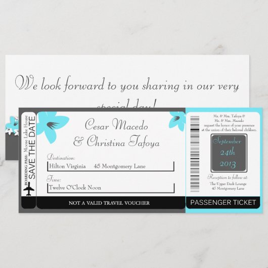 Blue Tea Arizona Boarding Pass bruiloft uitnodigin Kaart (Voorkant / Achterkant)