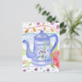  Blue Tea Koffiepot Waterverf Bloemen Briefkaart (Staand voorkant)
