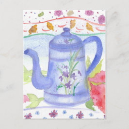  Blue Tea Koffiepot Waterverf Bloemen Briefkaart