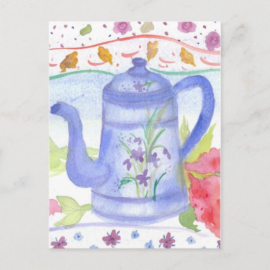  Blue Tea Koffiepot Waterverf Bloemen Briefkaart (Voorkant)