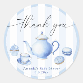 Blue Tea Party Baby shower Bedankt Ronde Sticker