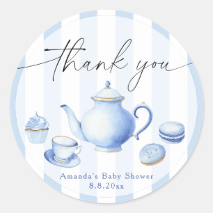 Blue Tea Party Baby shower Bedankt Ronde Sticker