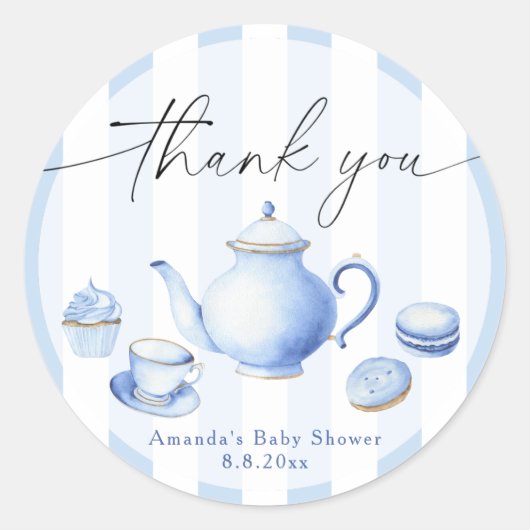 Blue Tea Party Baby shower Bedankt Ronde Sticker (Voorkant)