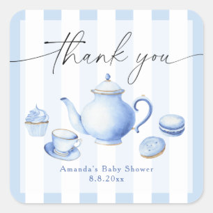 Blue Tea Party Baby shower Bedankt Vierkante Sticker