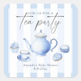 Blue Tea Party Baby shower Vierkante Sticker