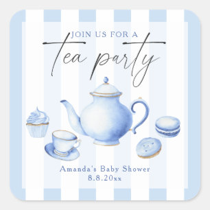 Blue Tea Party Baby shower Vierkante Sticker