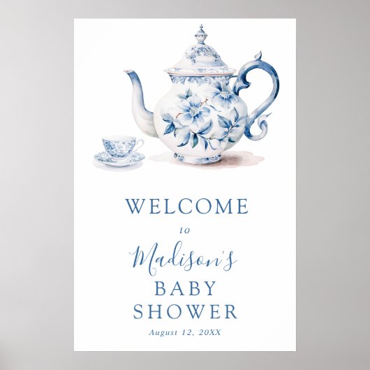 Blue Tea Party Baby shower Welkomstbord Poster (Voorkant)