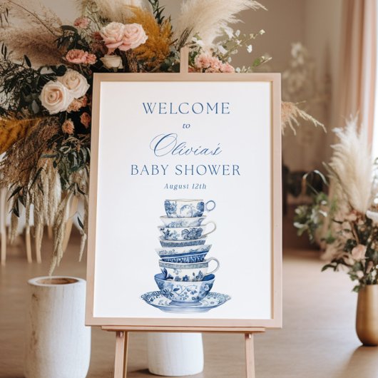 Blue Tea Party Baby shower Welkomstbord Poster