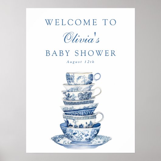 Blue Tea Party Baby shower Welkomstbord Poster (Voorkant)