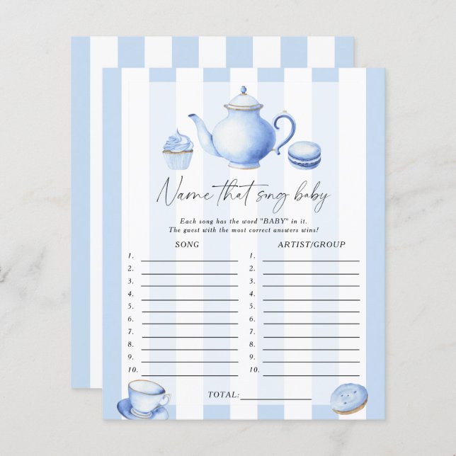 blue Tea party - Noem dat liedje baby shower spel (Voorkant / Achterkant)