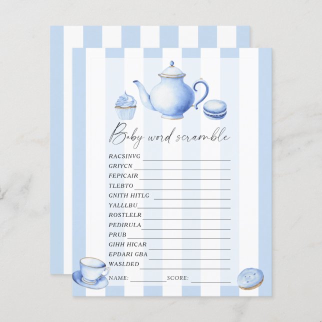Blue tea party - Word scramble baby shower spel (Voorkant / Achterkant)