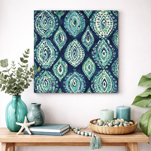 Blue Teal Boho Ikat Medallion Pattern Modern Coast Poster