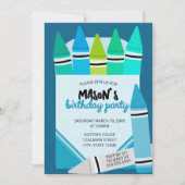 Blue & Teal Crayon Birthday Party Invitation Kaart (Voorkant)