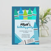 Blue & Teal Crayon Birthday Party Invitation Kaart (Staand voorkant)