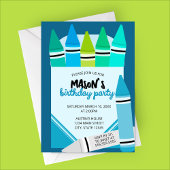 Blue & Teal Crayon Birthday Party Invitation Kaart
