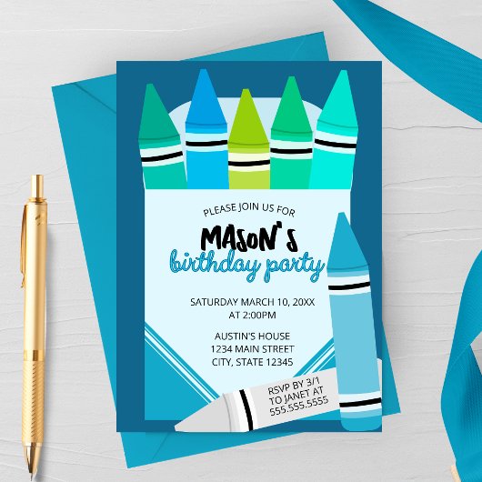 Blue & Teal Crayon Birthday Party Invitation Kaart