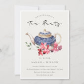 Blue Teapot Floral Housewarming Tea Party Invite Bedankkaart (Voorkant)