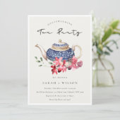Blue Teapot Floral Housewarming Tea Party Invite Bedankkaart (Staand voorkant)