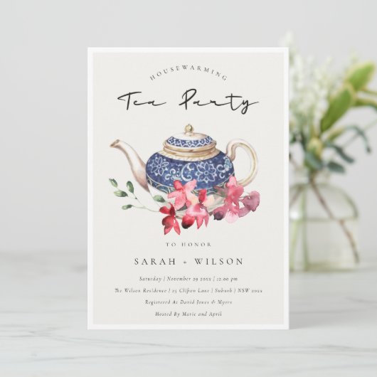 Blue Teapot Floral Housewarming Tea Party Invite Bedankkaart (Staand voorkant)