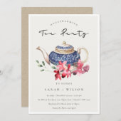 Blue Teapot Floral Housewarming Tea Party Invite Bedankkaart (Voorkant / Achterkant)