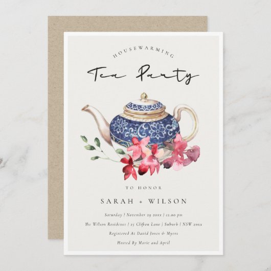 Blue Teapot Floral Housewarming Tea Party Invite Bedankkaart (Voorkant / Achterkant)