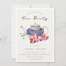 Blue Teapot Floral Housewarming Tea Party Invite