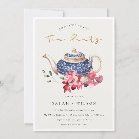 Blue Teapot Floral Housewarming Tea Party Invite Bedankkaart (Voorkant)