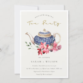 Blue Teapot Floral Housewarming Tea Party Invite Bedankkaart