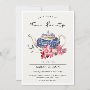 Blue Teapot Floral Housewarming Tea Party Invite Bedankkaart