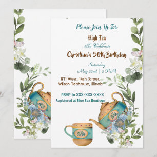 Blue Teapot Floral vanmiddag High Tea 50 verjaarda Kaart