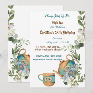 Blue Teapot Floral vanmiddag High Tea 50 verjaarda Kaart