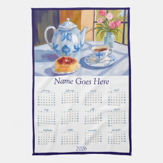 Blue Teapot & Pastry 2026 Calendar Tea Towel Theedoek (Verticaal)