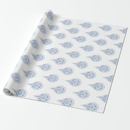 Blue Teardrop Paisley Cadeaupapier (Uitgerold)