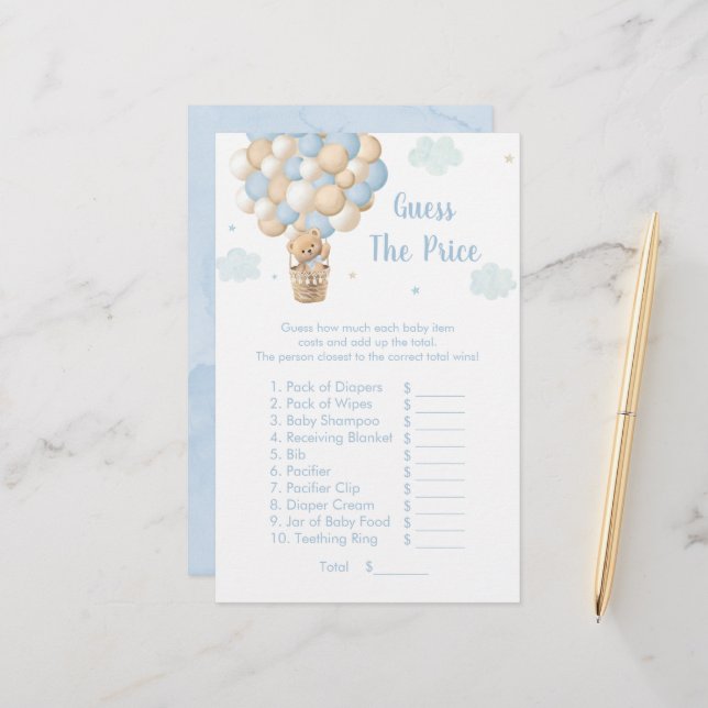 Blue Teddy Balloons Guess The Price Shower Game (Voorkant / Achterkant in situ)