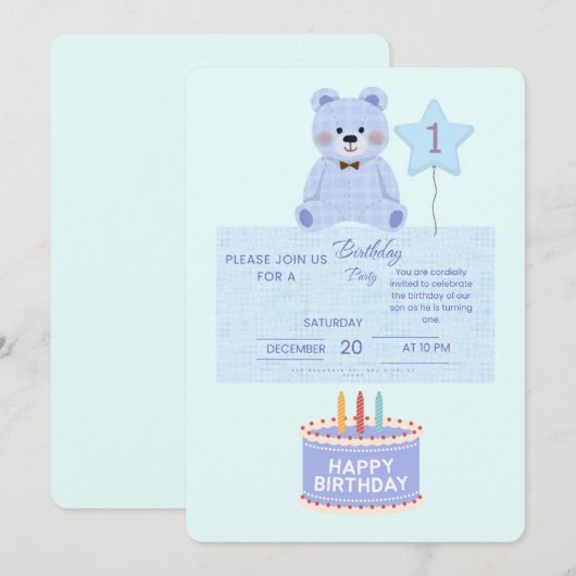Blue Teddy Bear 1st Birthday Invitation - Customiz Kaart (Voorkant / Achterkant)