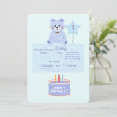 Blue Teddy Bear 1st Birthday Invitation - Customiz Kaart (Staand voorkant)