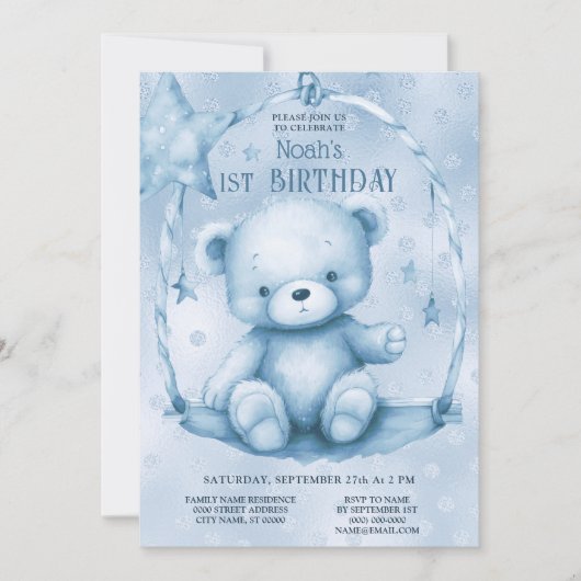 Blue Teddy Bear 1st Birthday Kaart (Voorkant)