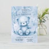 Blue Teddy Bear 1st Birthday Kaart (Staand voorkant)