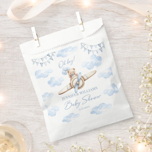 Blue Teddy Bear Airplane Baby Boy Shower Snoep Bedankzakje (Geknipt)