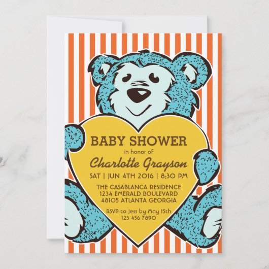Blue Teddy Bear and Love Baby shower Invitation Kaart (Voorkant)