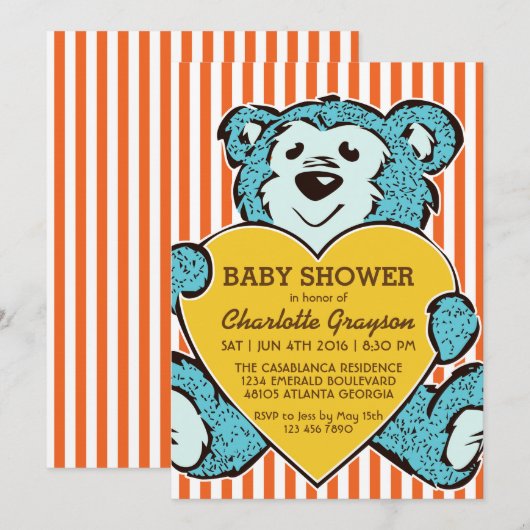 Blue Teddy Bear and Love Baby shower Invitation Kaart (Voorkant / Achterkant)