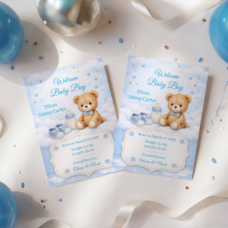 Blue Teddy Bear Baby Boy Birth Announcement Card Kaart